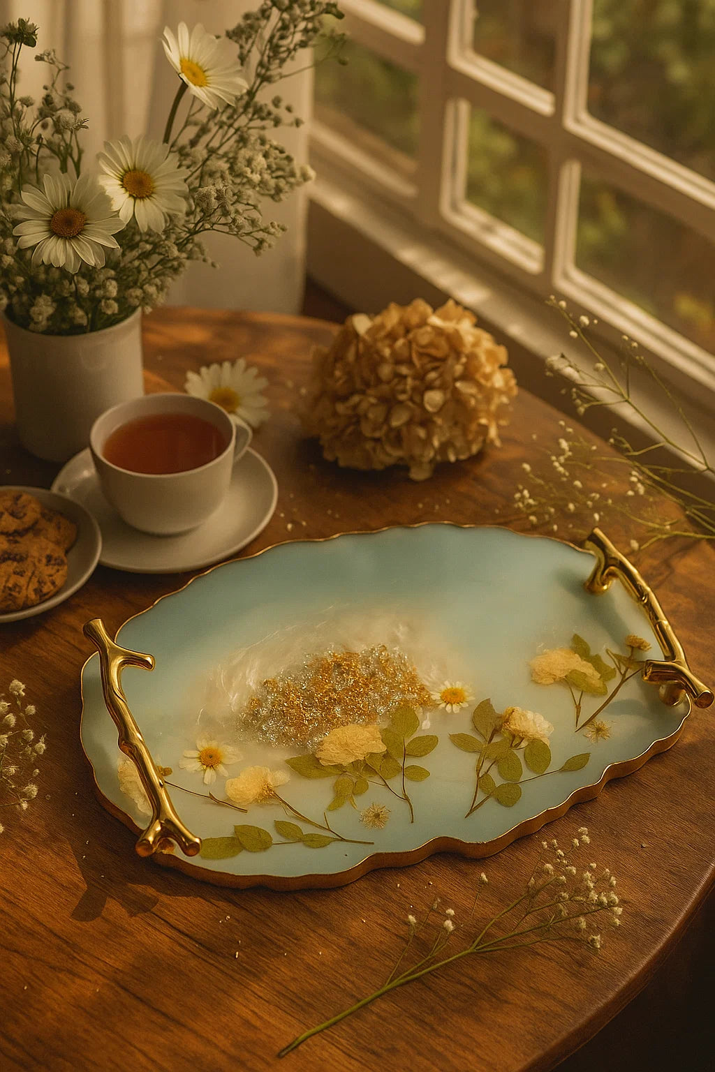 a floral resin tray at evening tea time with dried flowers tea and cookies