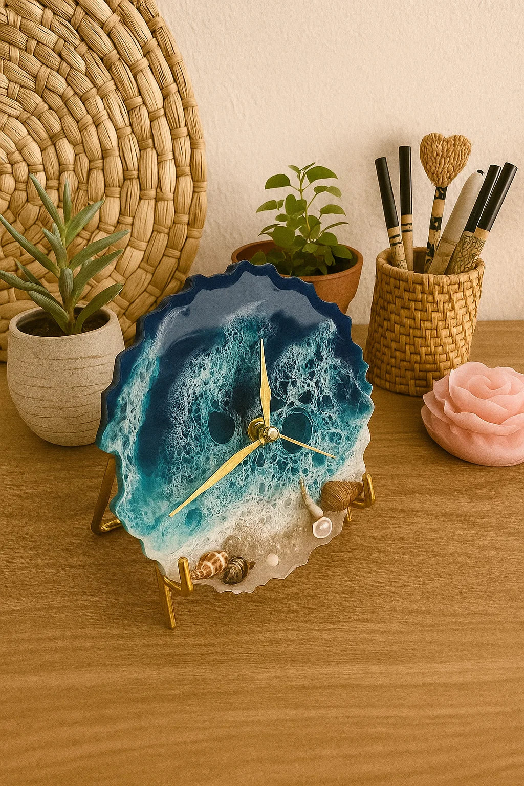 Decorative clock with blue agate design on a wooden surface with plants and a basket in the background.