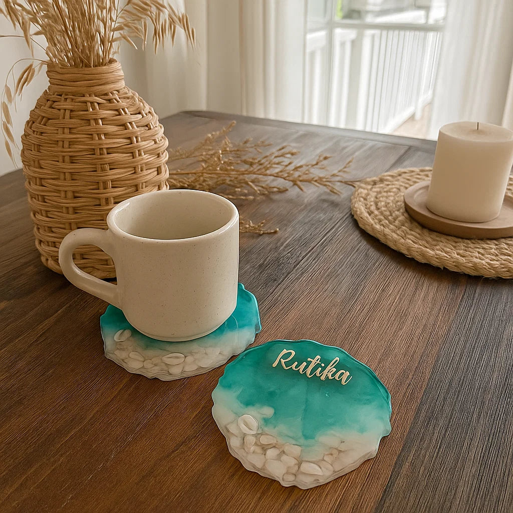Personalized Coasters In ocean theme at a beach house 