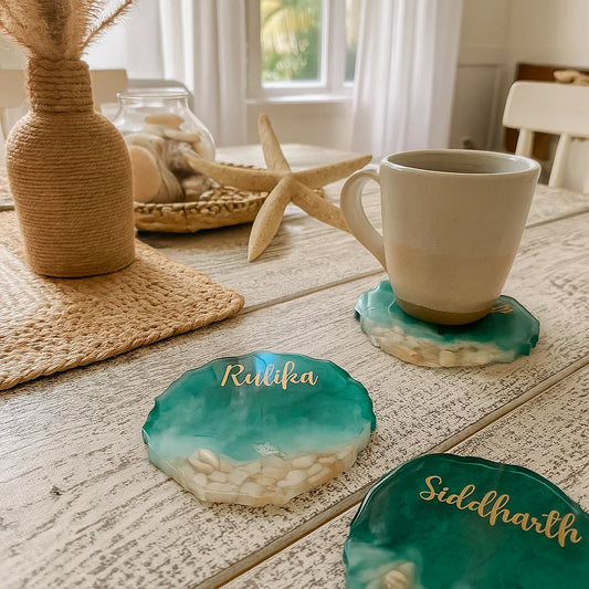 Personalized Coasters In ocean theme at a beach house 