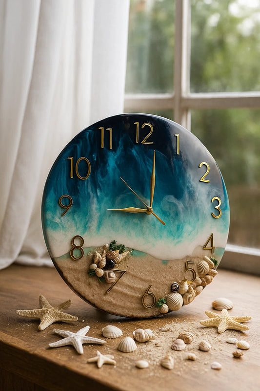 A Resin wall clock in beach theme in a coastal boho beachside house 