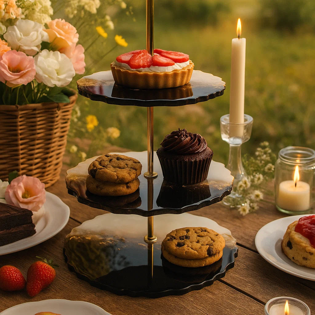 Three-tiered dessert stand with pastries on a wooden table outdoors.