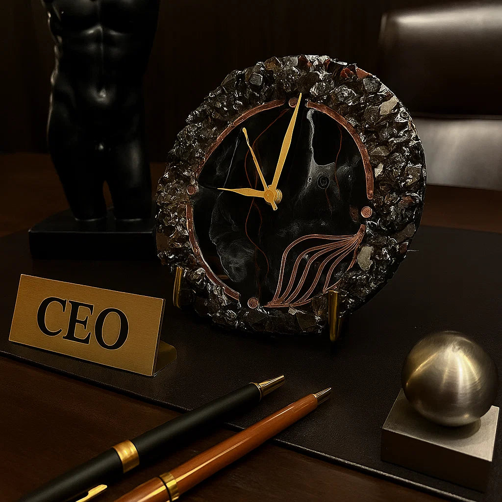 Decorative clock on a desk with 'CEO' sign and office items