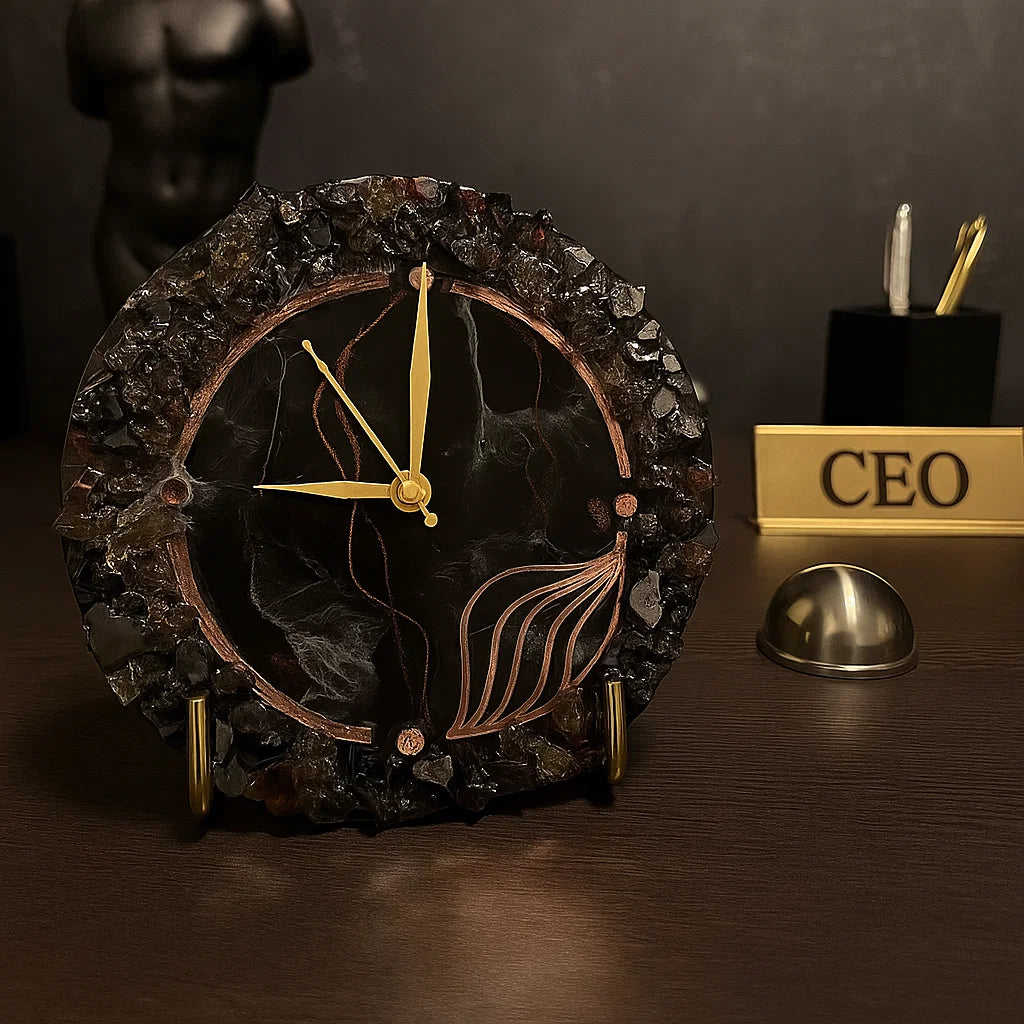 a resin desk clock on a ceo's desk with wooden desk and a dark aura