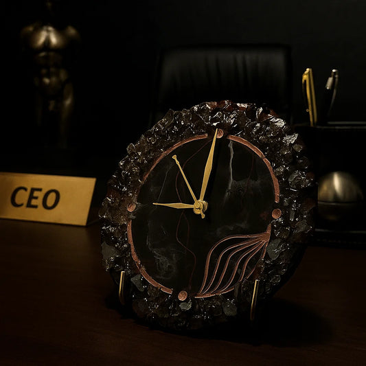 the ceo's desk with a resin clock and essentials