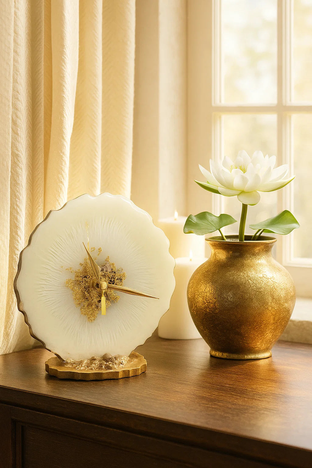 Heirloom the desk clock with a white lotus in a modern home setting
