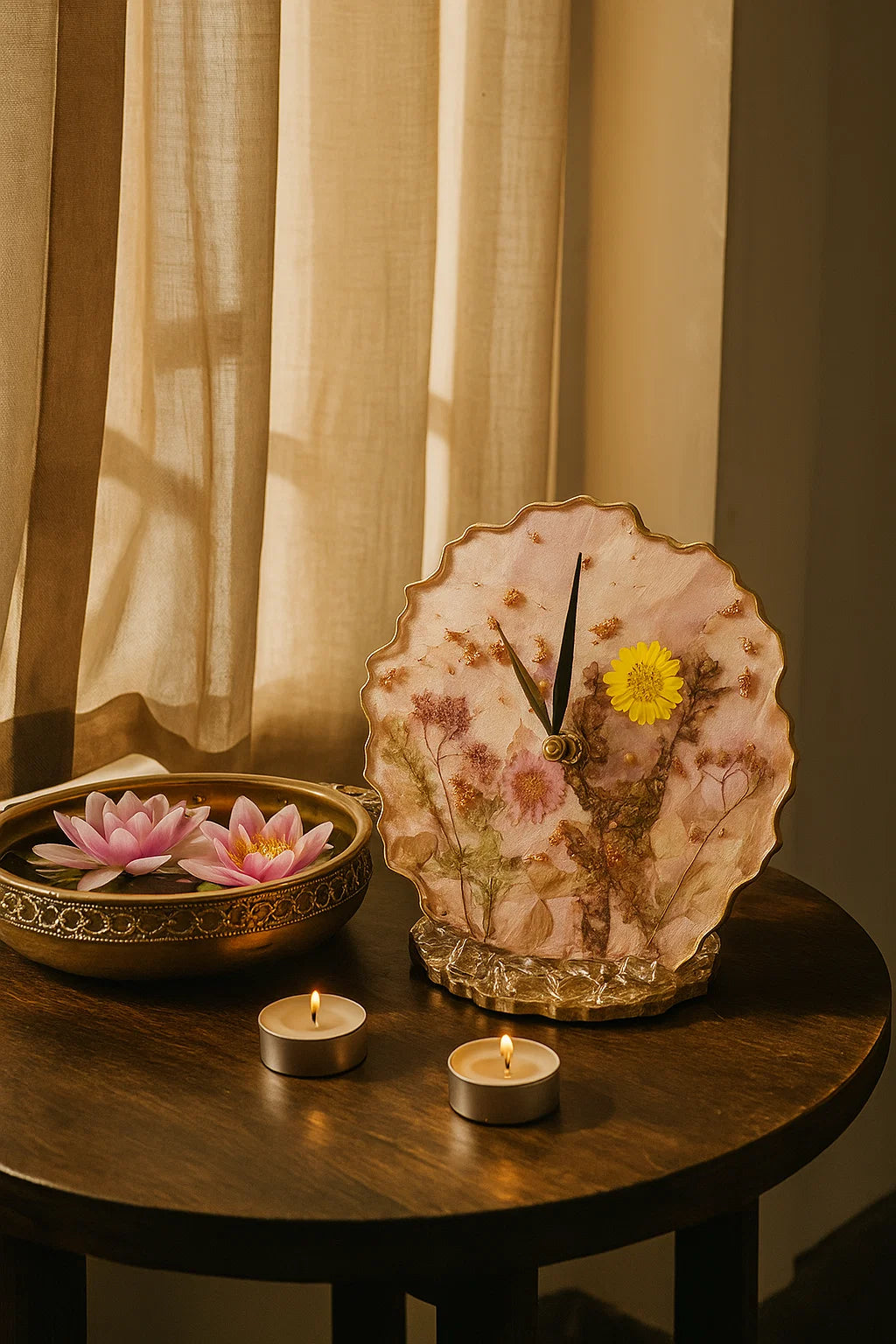 Decorative clock with floral design on a wooden table with candles and a bowl of flowers.