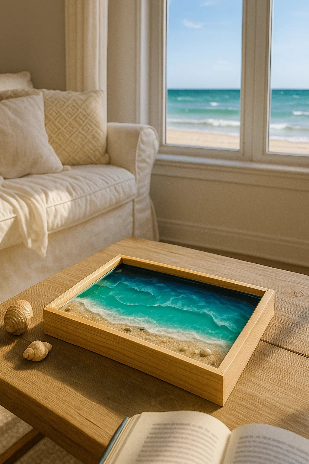 Framed beach scene on a coffee table with a view of the ocean through a window.
