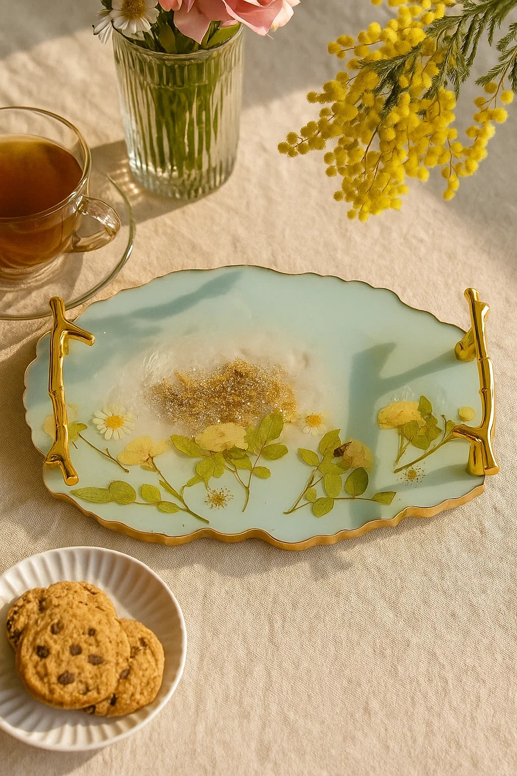 a floral resin tray on a table with cookies and a cup of tea.