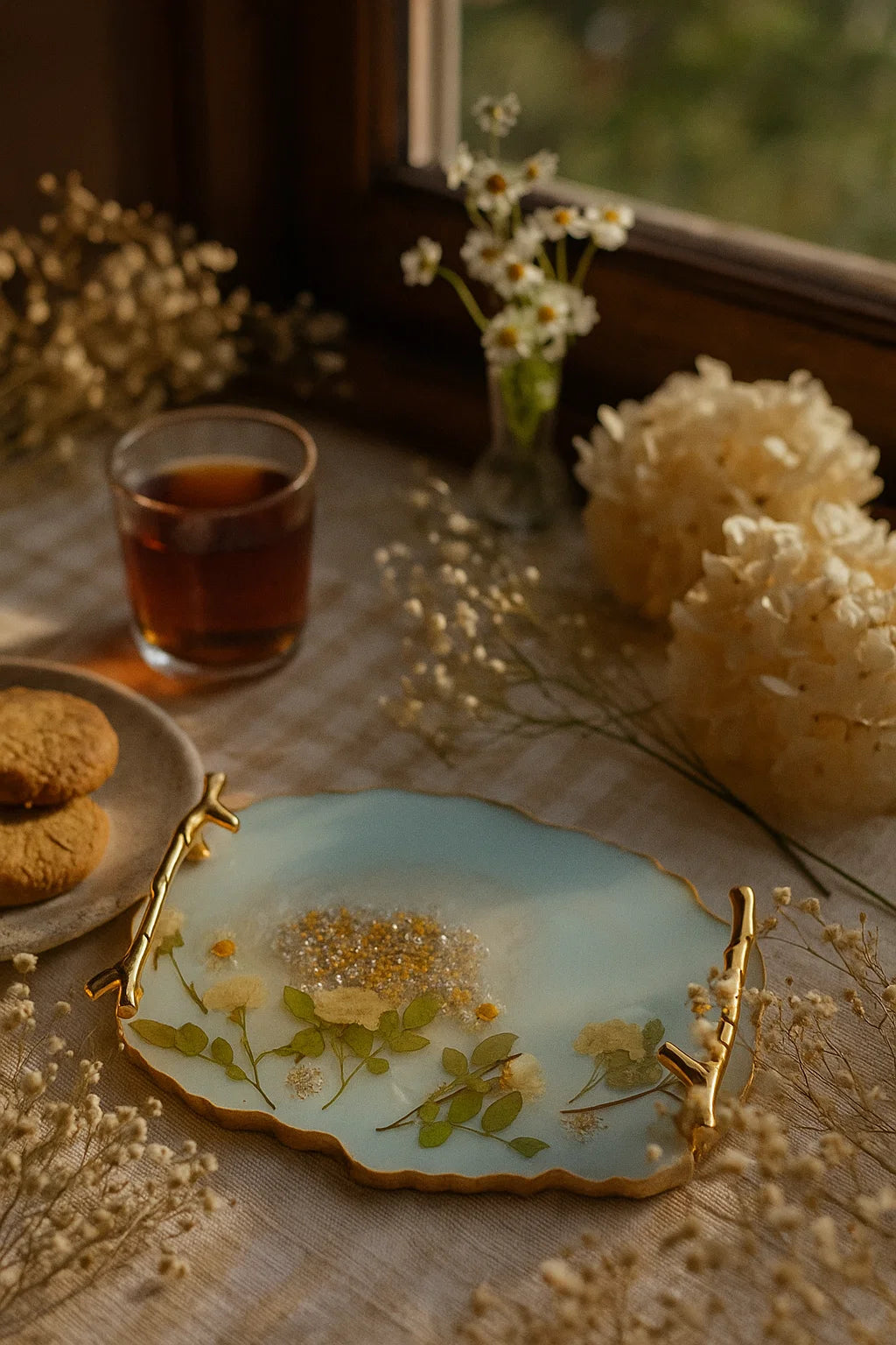 Decorative plate with floral design on a table with tea and cookies