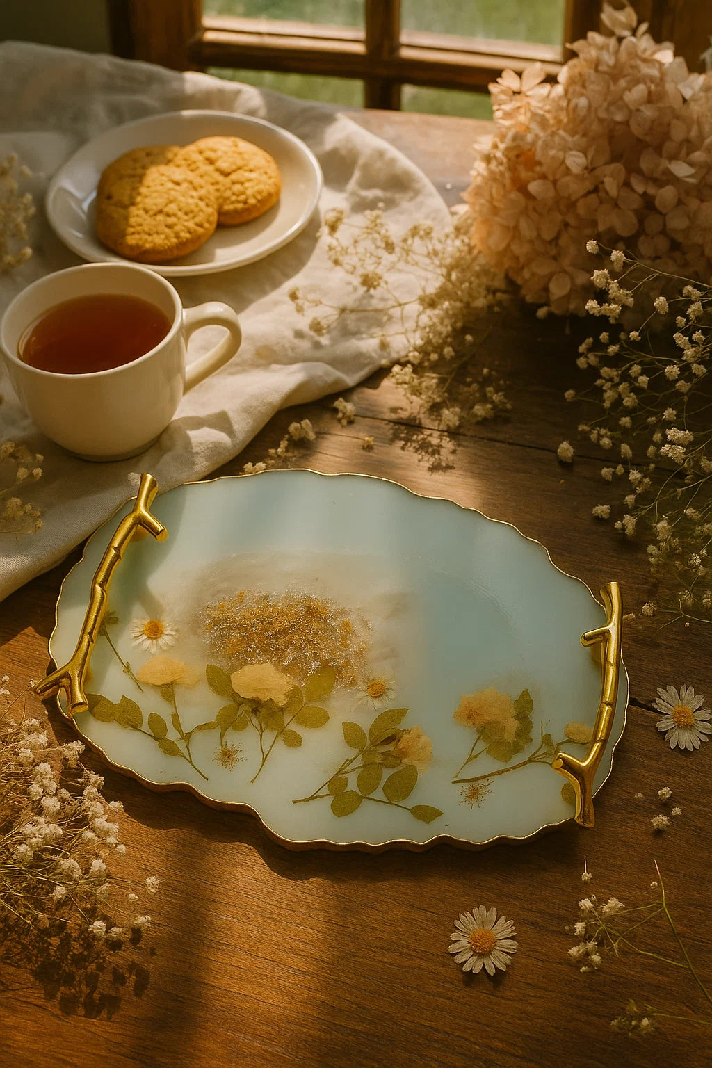 Teacup with tea, cookies, and a resin floral serving tray on a wooden table