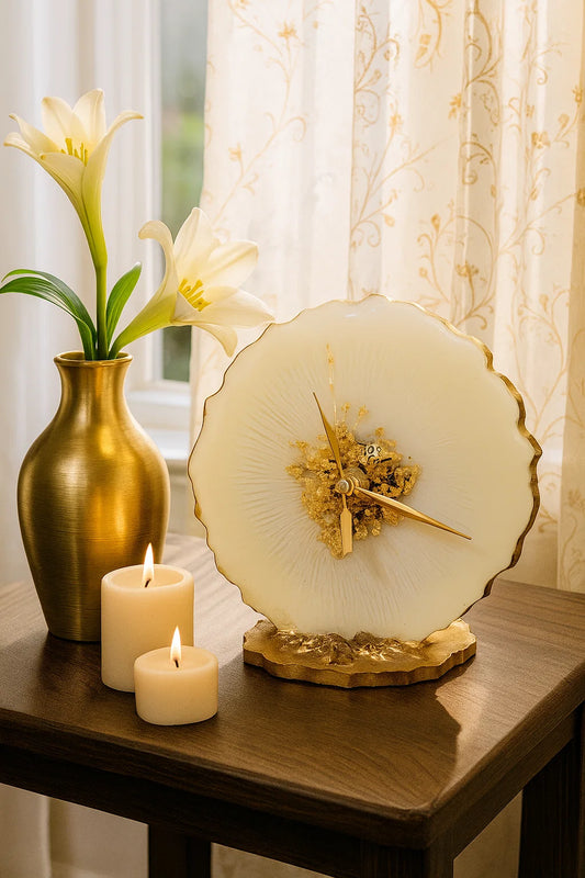Heirloom the desk clock in a casual decor setting with candles and flowers