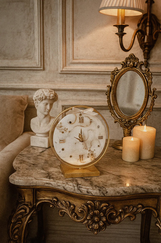 A victorian theme palace, with a beautiful table setting, a princess mirror, a greek sculpture a few candles and an elegant table clock