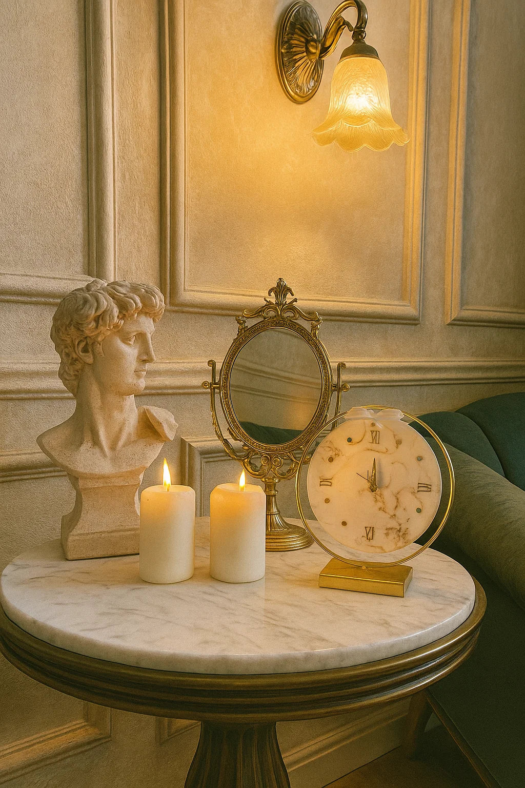 Decorative table with bust, candles, mirror, and clock against a wall with molding.
