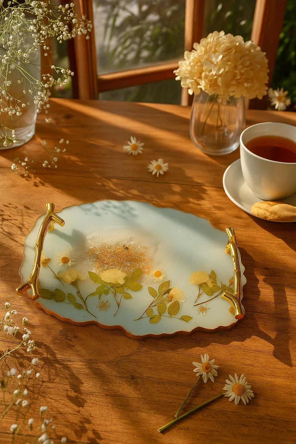 Decorative tray with floral design on a wooden table with a cup of tea and flowers.
