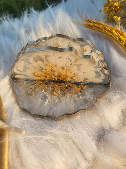 White floral tissue holder with gold accents and crystals in sunshine 
